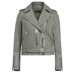AllSaints Balfern Leather Biker Jacket Sage Green